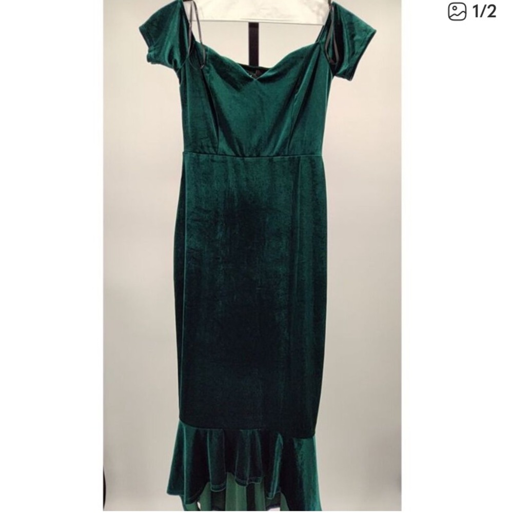 Lulus How Much I Care Dark Teal Velvet Off-the-Shoulder Midi Dress Medium NWOT - Picture 5 of 6